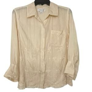 Coldwater Creek 100% Silk Ivory Embroidered Long Sleeve Blouse Whimsical MP